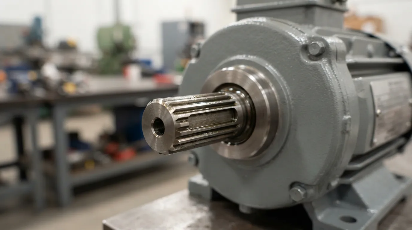 Eje de motor de acero mecanizado con llave y estrías en un nuevo motor eléctrico industrial.