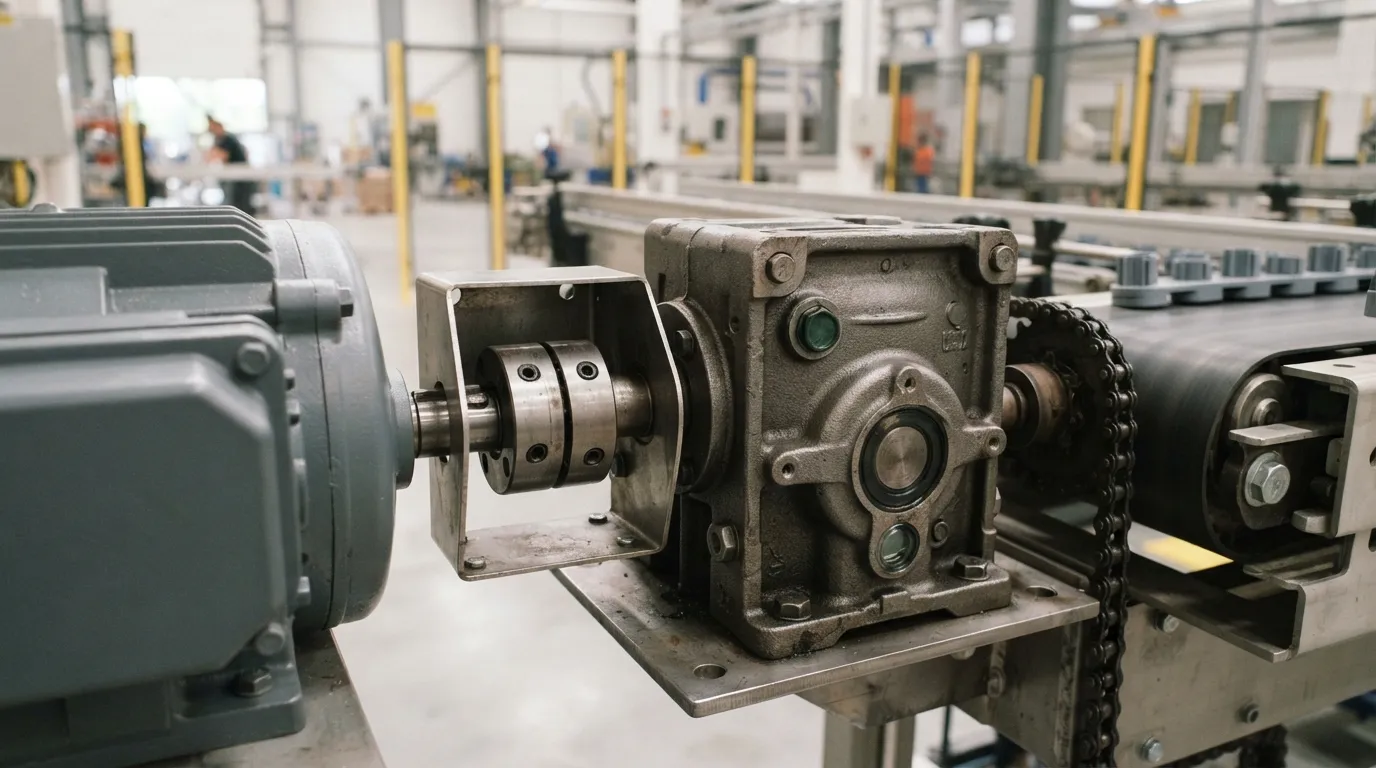 Motor eléctrico con caja de engranajes helicoidal conectada a un accionamiento de cinta transportadora, Vista cercana del eje de salida.