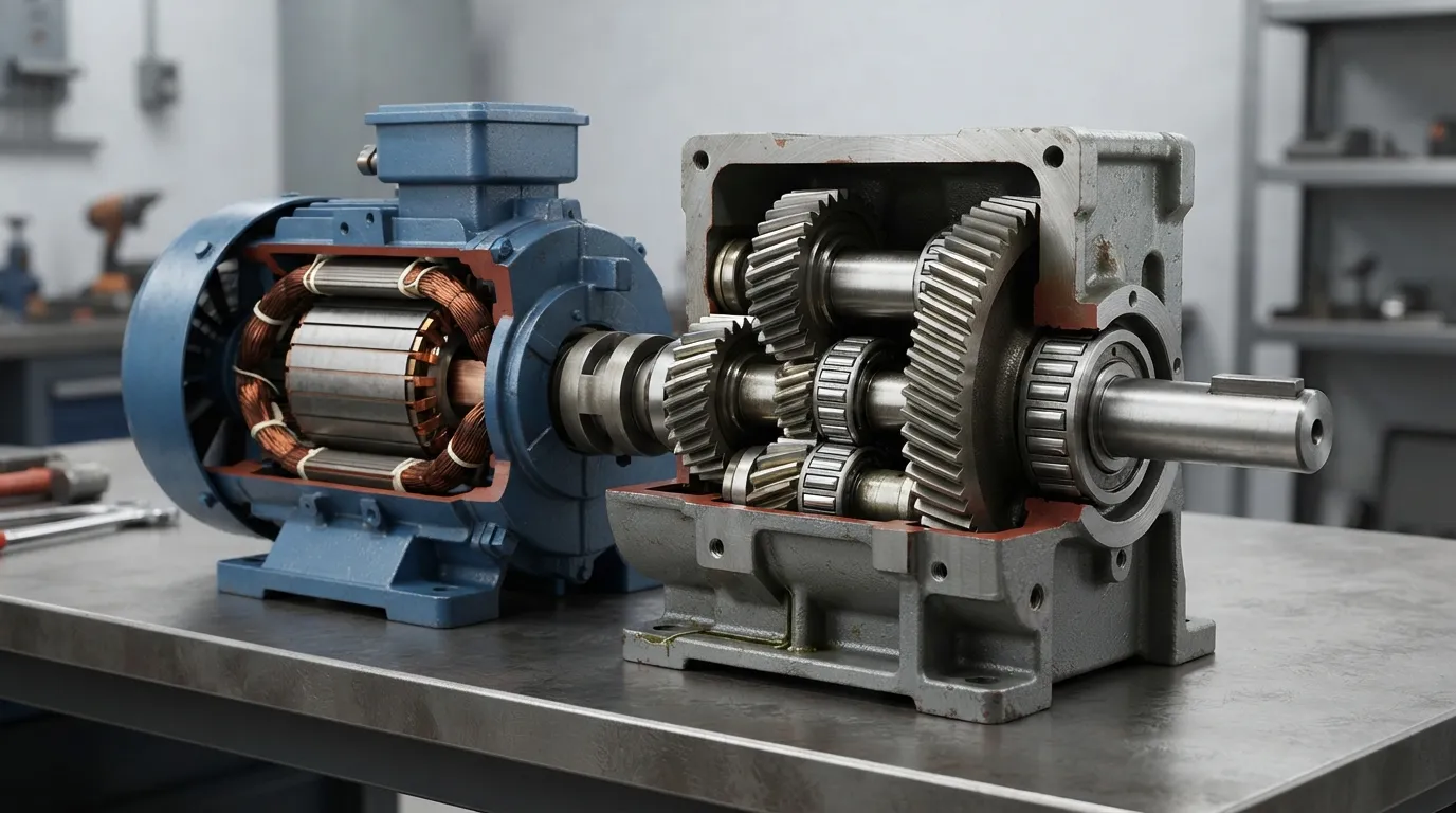 Motor de engranajes industriales de corte que muestra un motor eléctrico, Engranajes internos y eje de salida