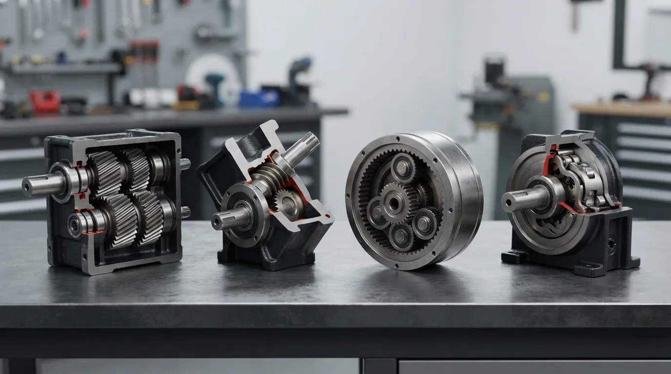 Cuatro tipos de cajas de cambios industriales mostrados lado a lado para comparar